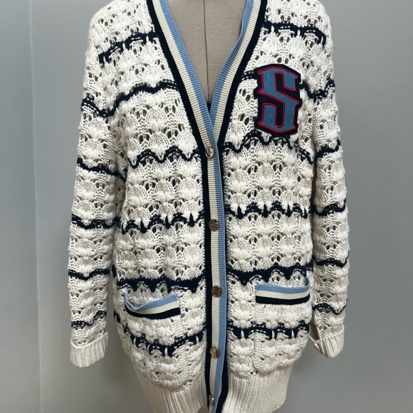Sandro Sweaters - Chic Sandro Cream and Navy Knit Cardigan L